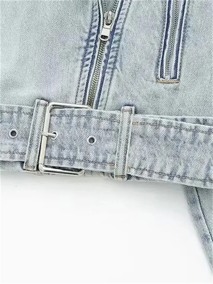 Light Blue Vintage Lapel Zipper Denim Jacket for Women