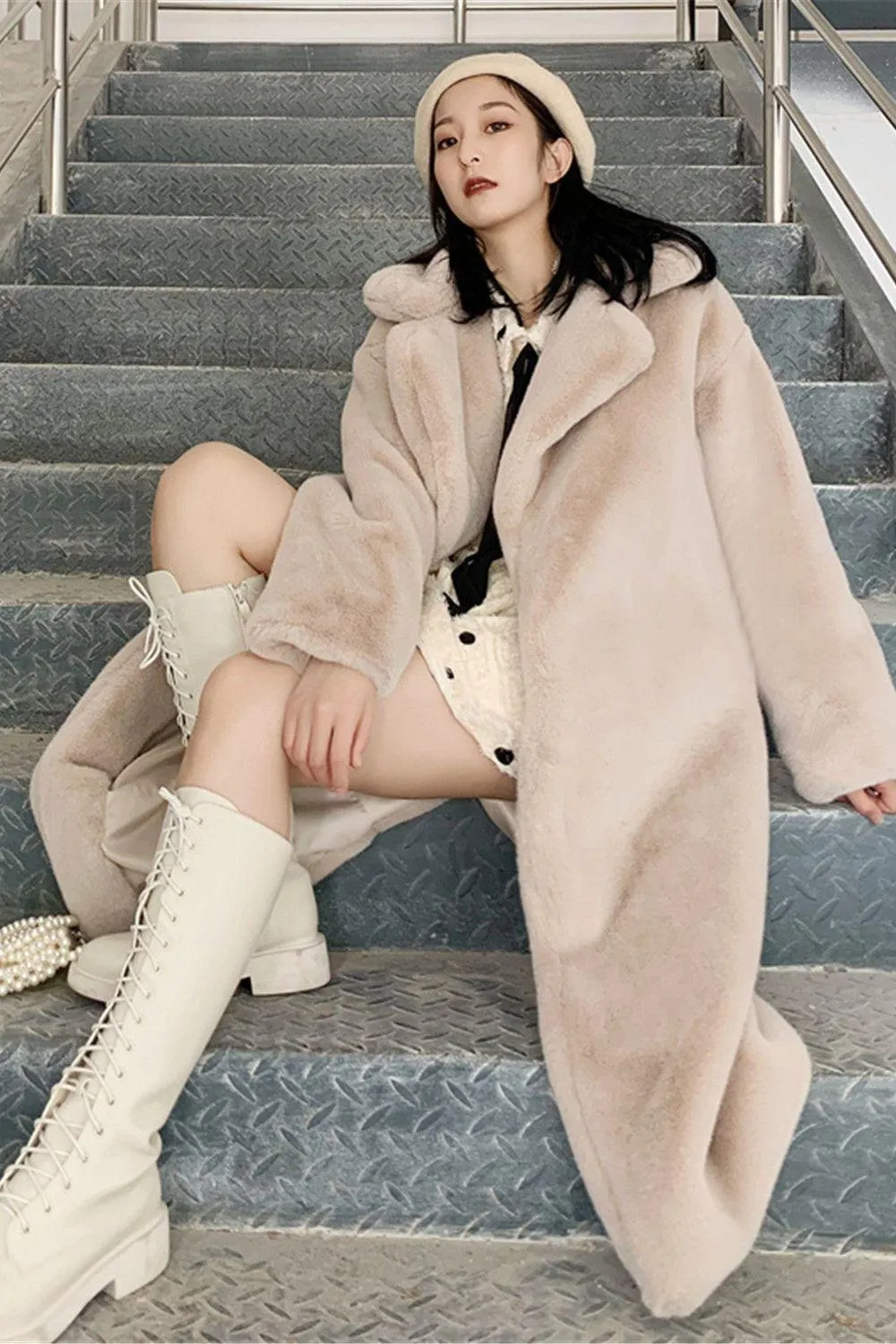 Long imitation rabbit fur coat