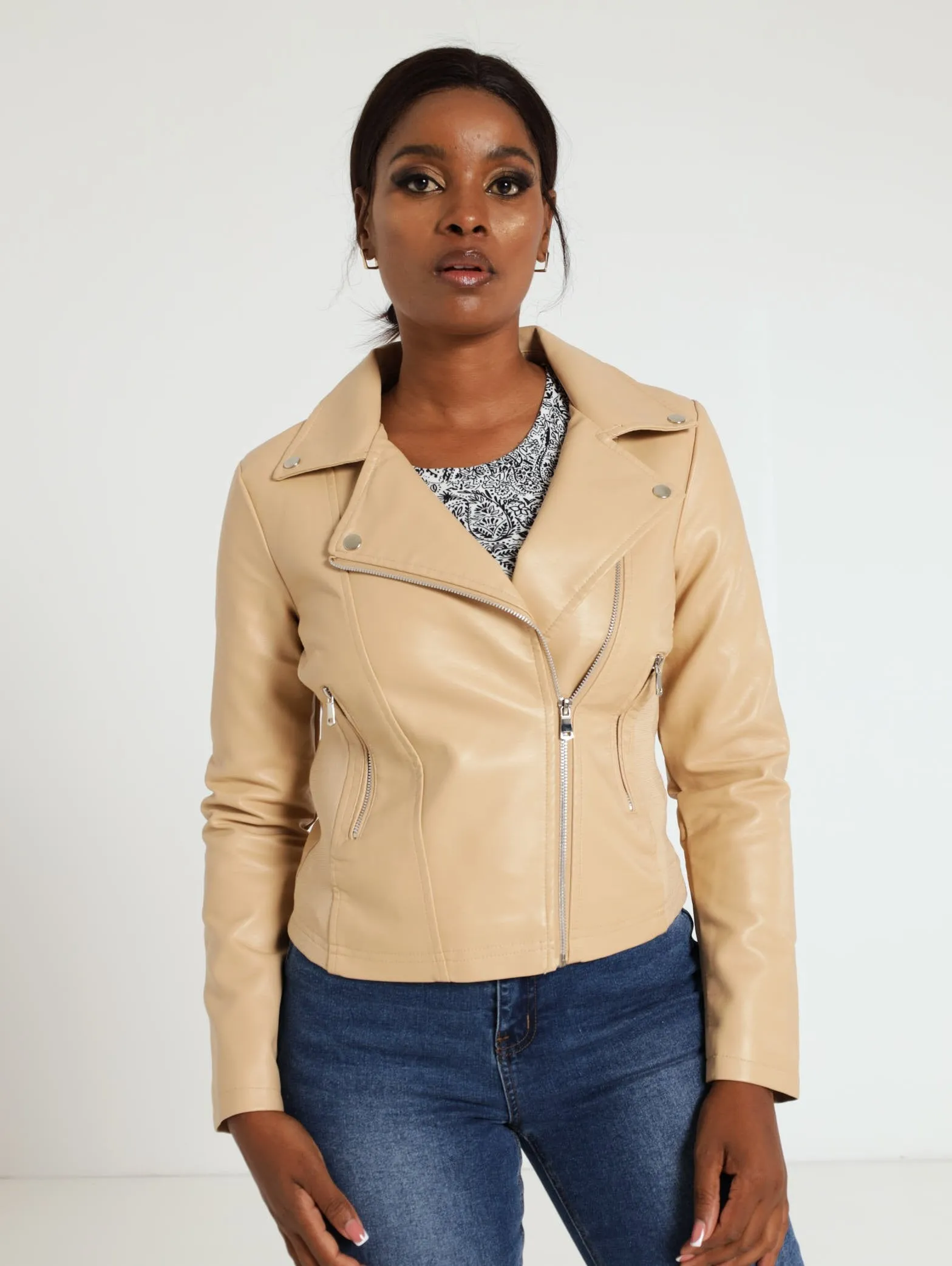 Long Sleeve Biker Jacket - Tan