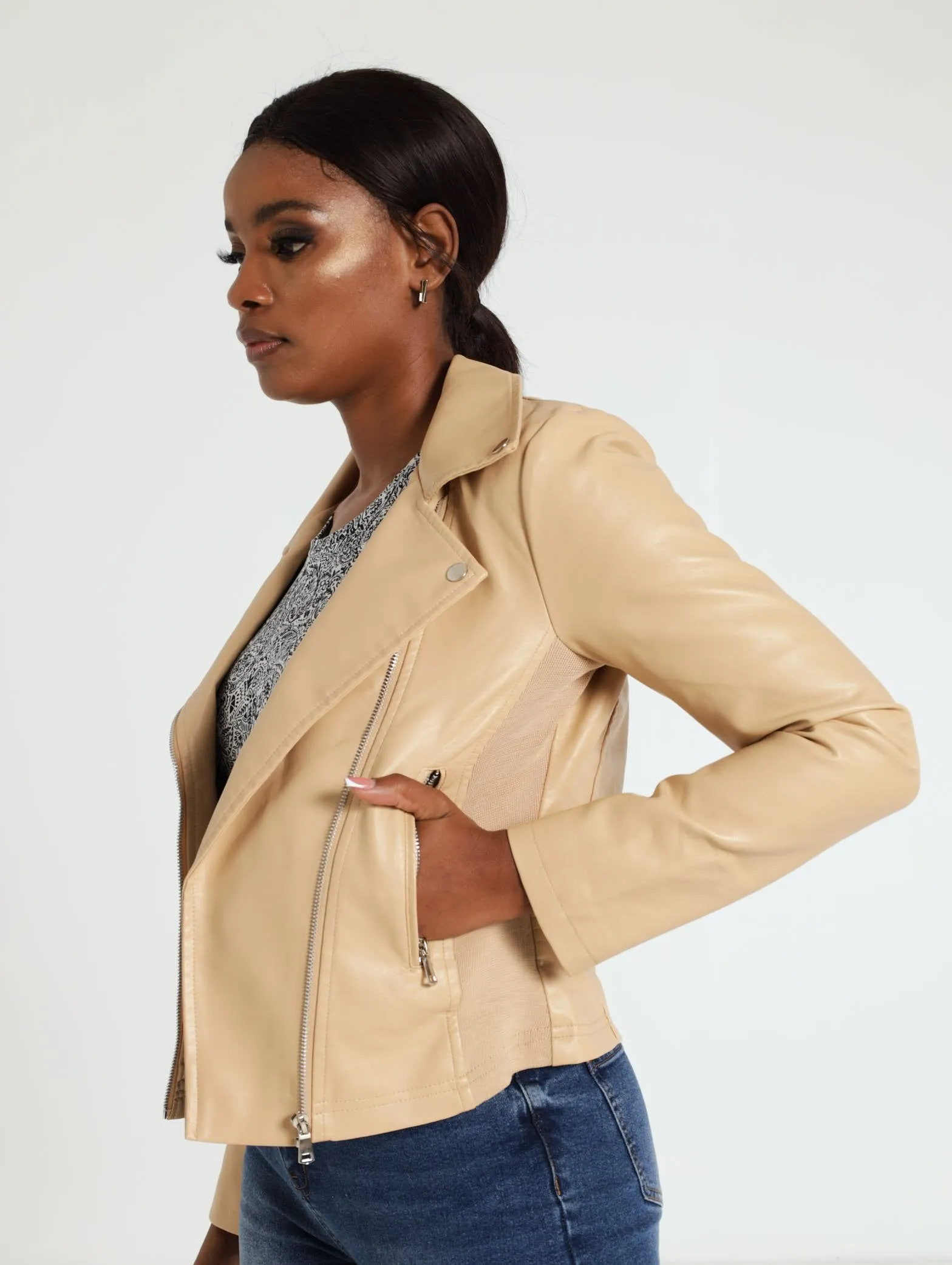 Long Sleeve Biker Jacket - Tan