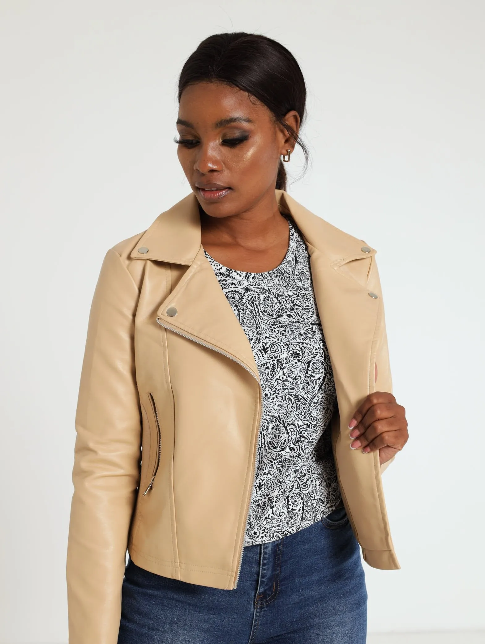 Long Sleeve Biker Jacket - Tan