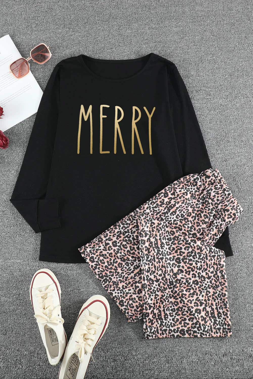 Long Sleeve Top and Leopard Print Pants Lounge Set
