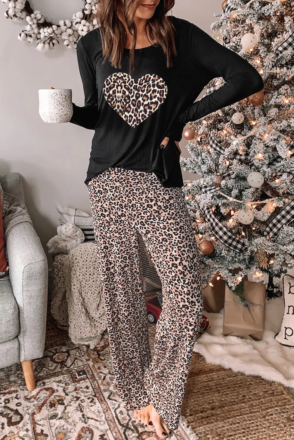 Long Sleeve Top and Leopard Print Pants Lounge Set