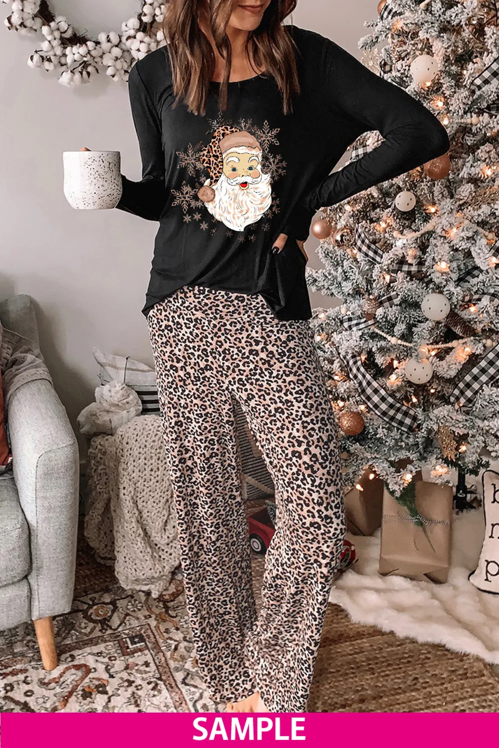 Long Sleeve Top and Leopard Print Pants Lounge Set