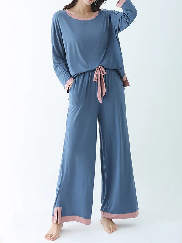 Long Sleeves Loose Contrast Color Round-Neck Two Pieces Pajama Set