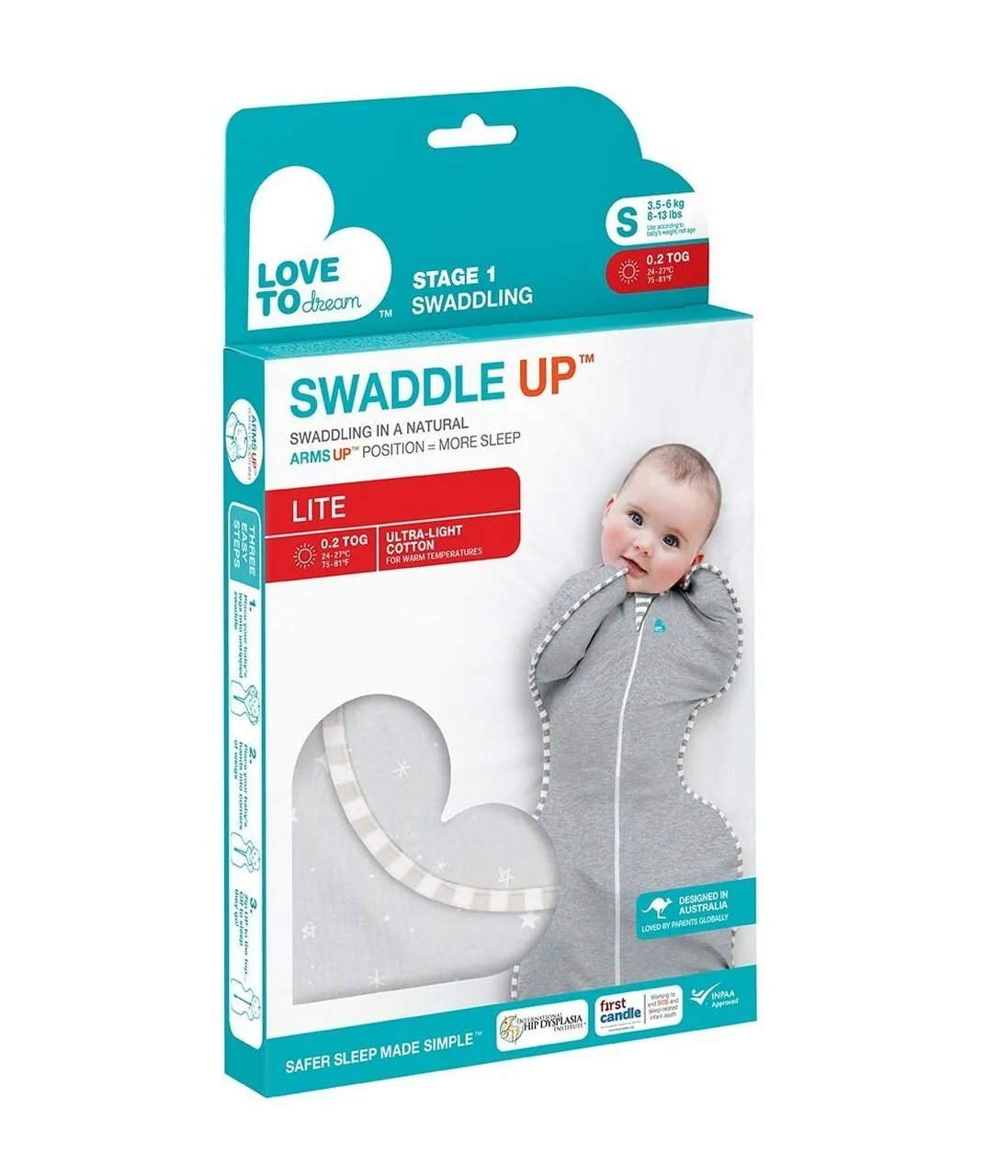 Love To Dream Swaddle UP 0.2 Tog Lite Grey (Stars Design) - 2 Sizes