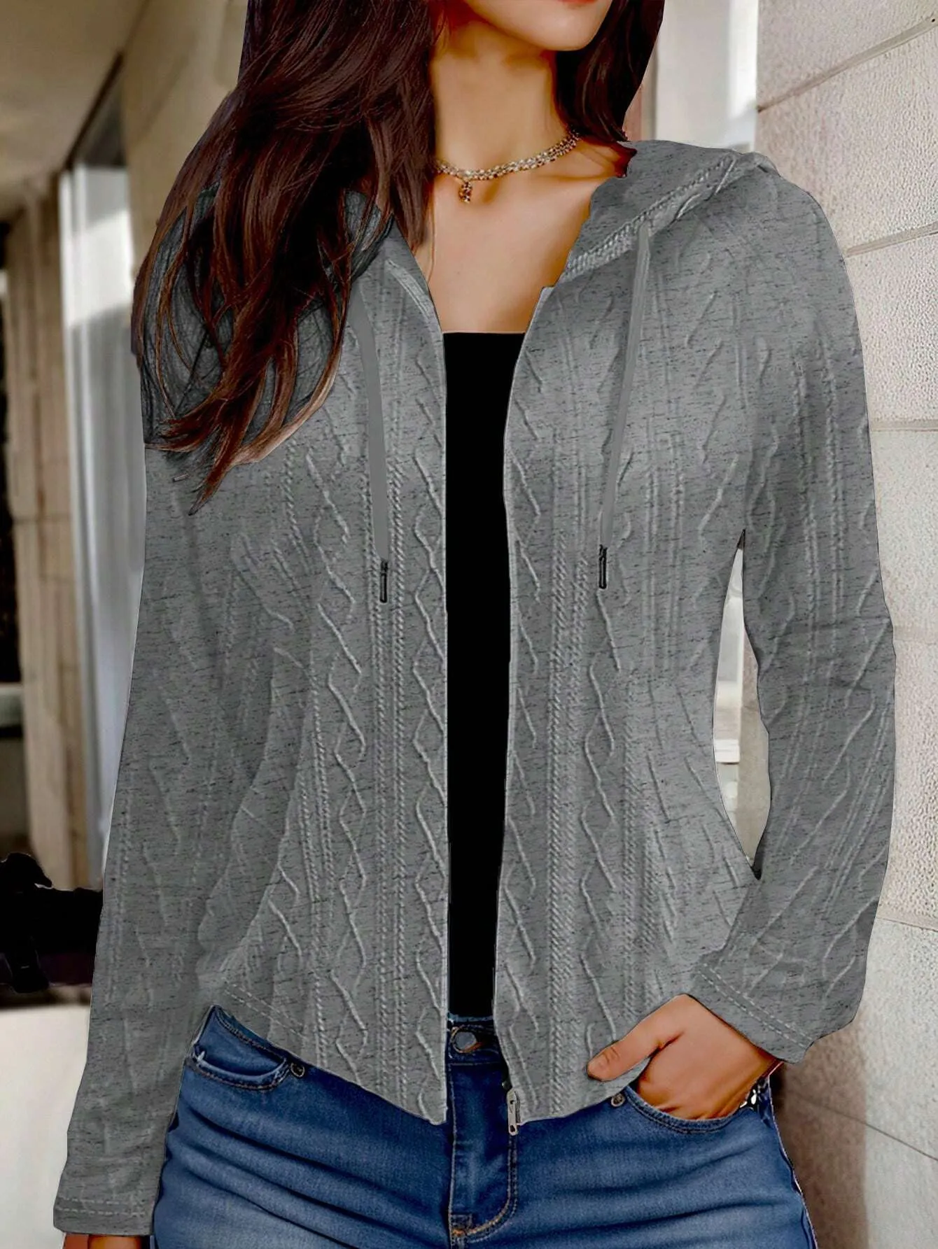 LUNE Women's Zipper Solid Color Drawstring Hooded Long Sleeve Regular Jacket