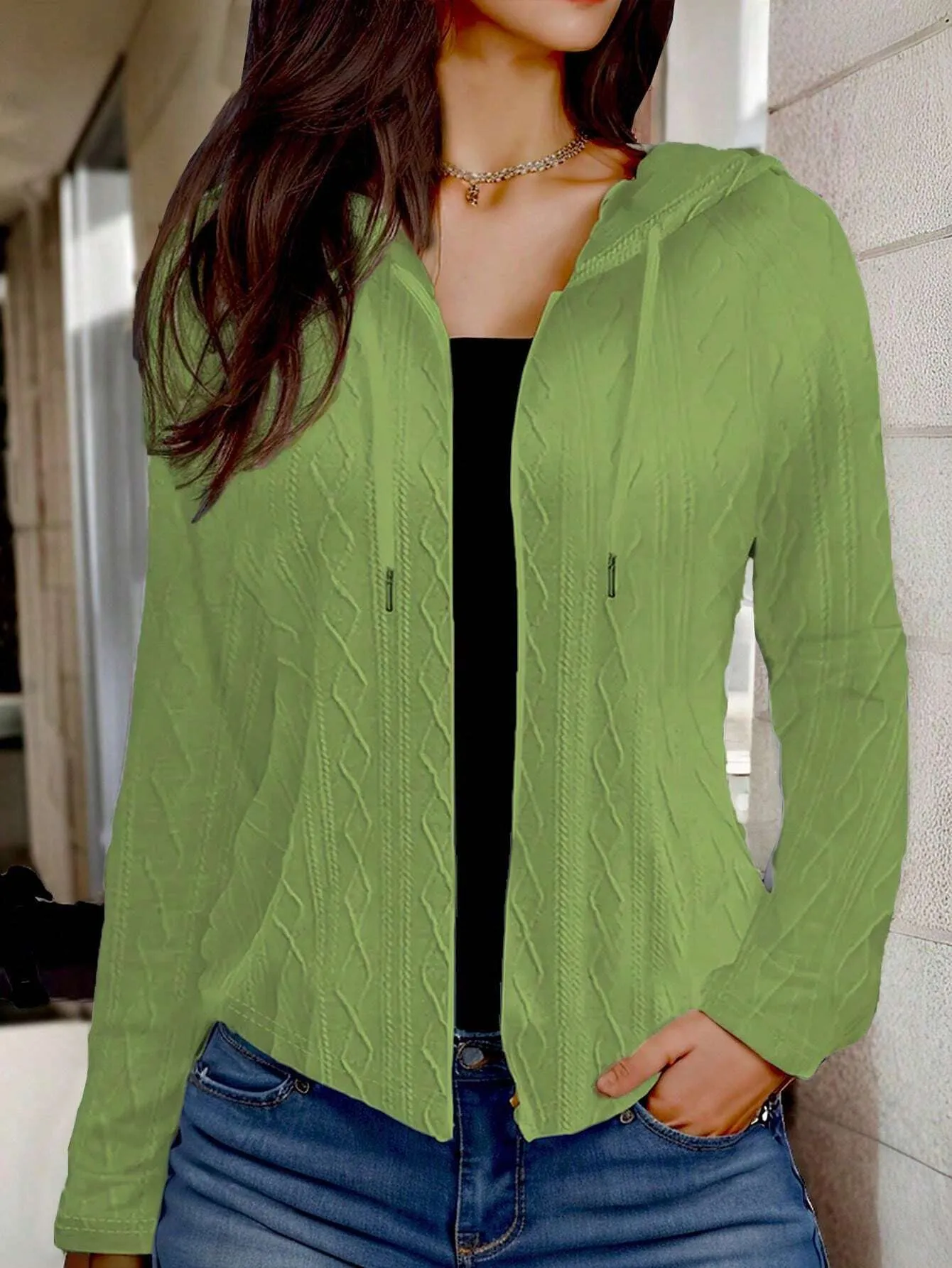 LUNE Women's Zipper Solid Color Drawstring Hooded Long Sleeve Regular Jacket