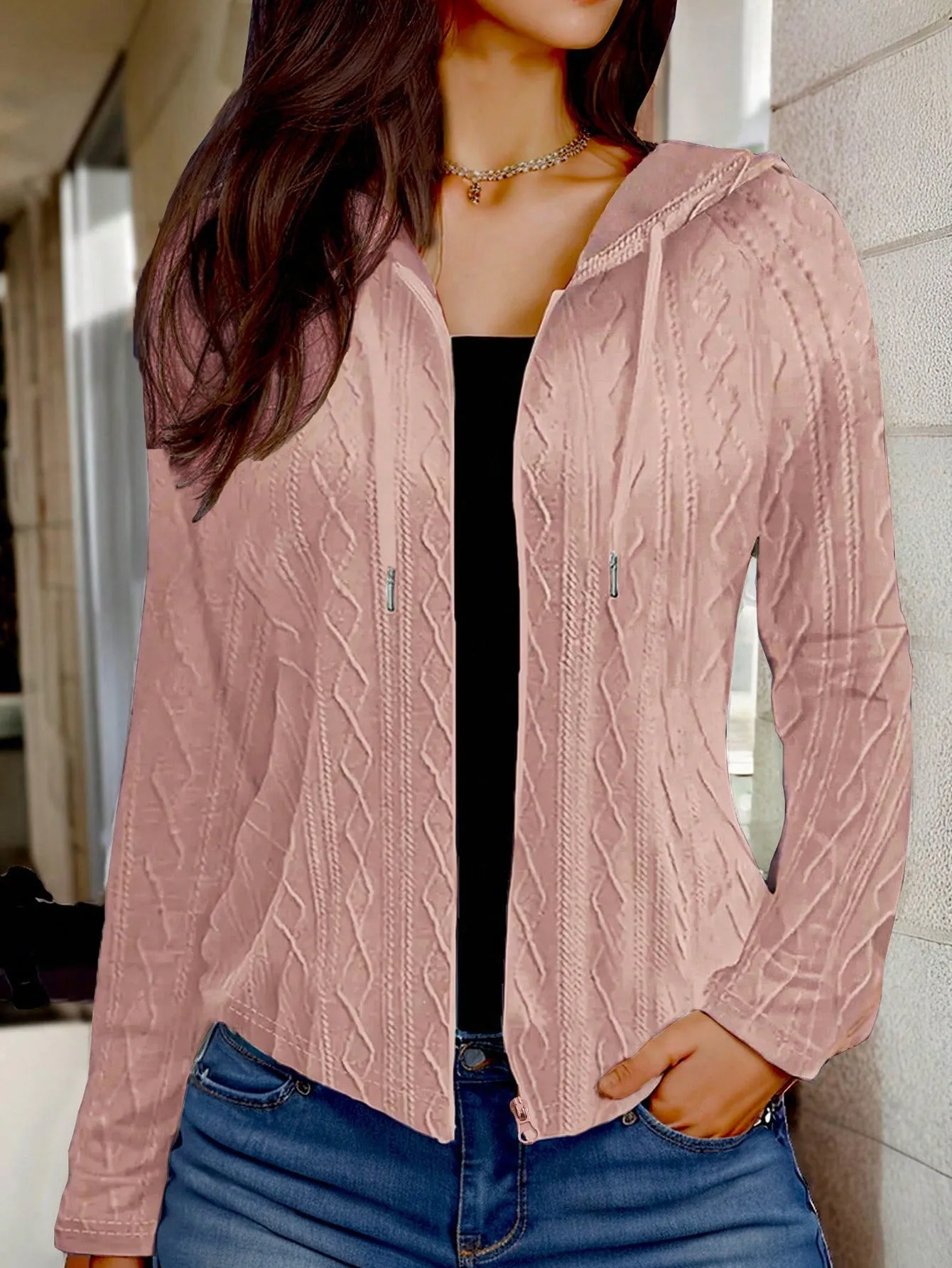 LUNE Women's Zipper Solid Color Drawstring Hooded Long Sleeve Regular Jacket