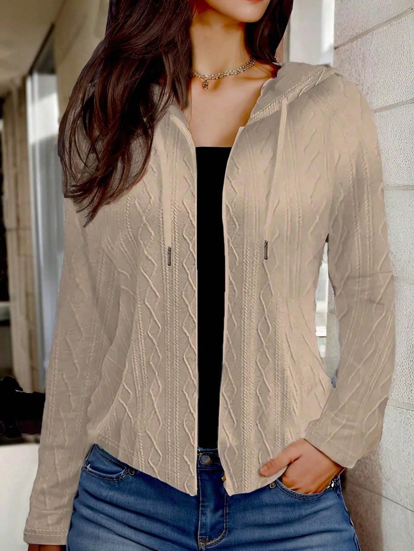LUNE Women's Zipper Solid Color Drawstring Hooded Long Sleeve Regular Jacket