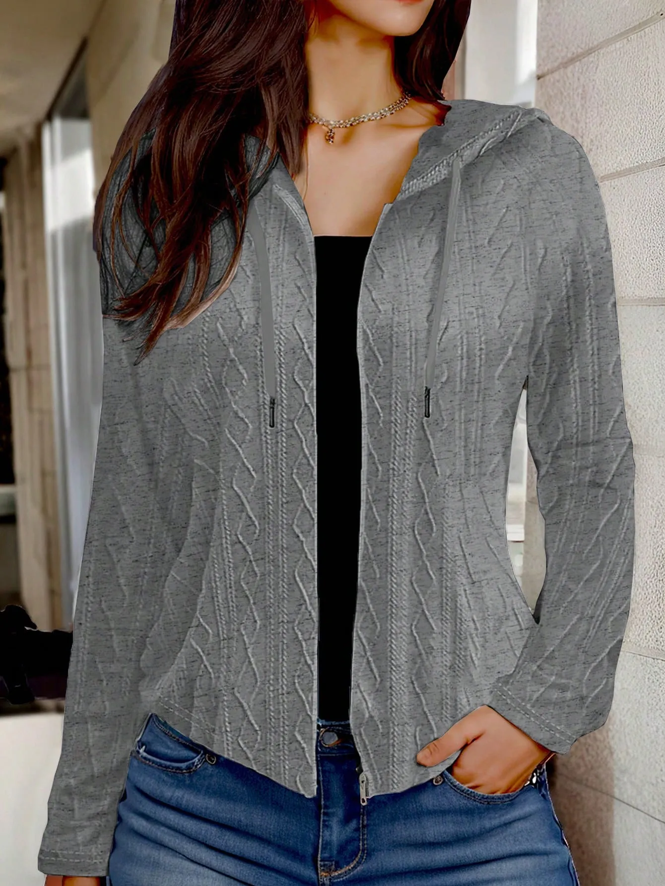 LUNE Women's Zipper Solid Color Drawstring Hooded Long Sleeve Regular Jacket