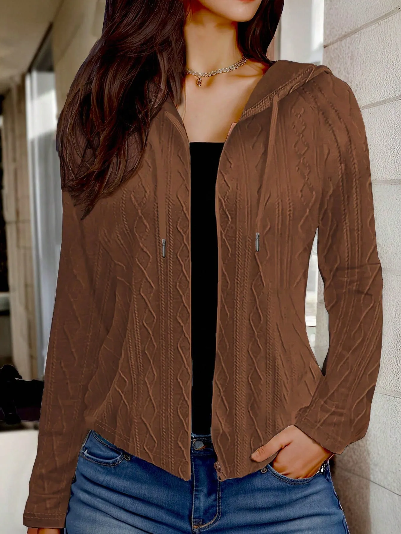 LUNE Women's Zipper Solid Color Drawstring Hooded Long Sleeve Regular Jacket