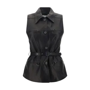 Magda Butrym Women Black Vest Leather Belted Pockets Collared Waistcoat Sz IT 40
