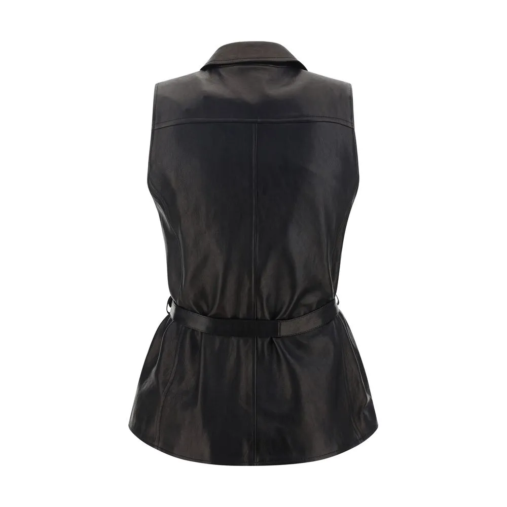 Magda Butrym Women Black Vest Leather Belted Pockets Collared Waistcoat Sz IT 40