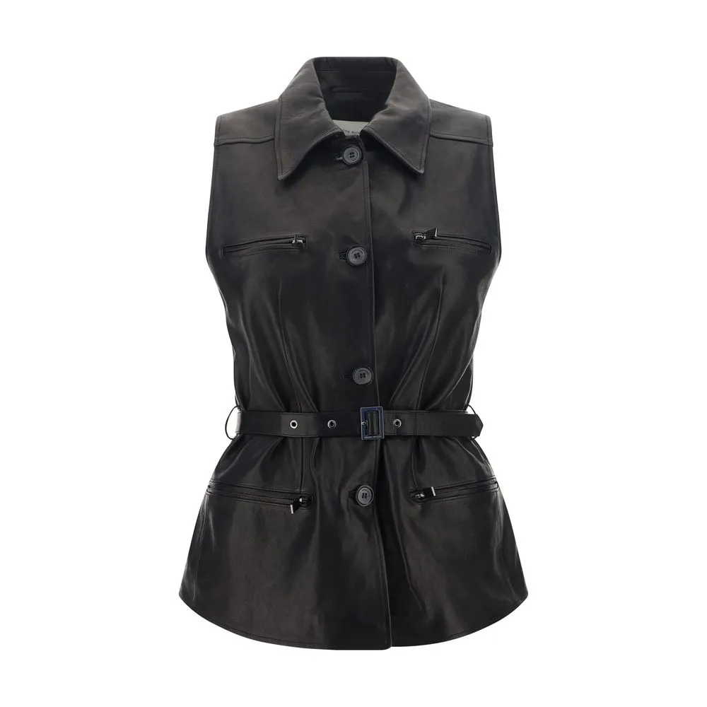 Magda Butrym Women Black Vest Leather Belted Pockets Collared Waistcoat Sz IT 40