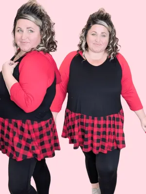 Maisie Hooded Babydoll Top in Red & Black Buffalo Plaid