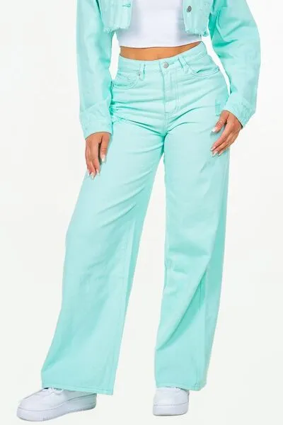 Mint Blue High Waist Distressed Wide Leg Jeans