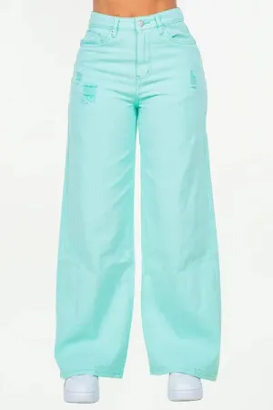 Mint Blue High Waist Distressed Wide Leg Jeans