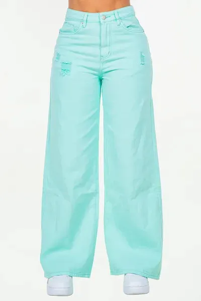Mint Blue High Waist Distressed Wide Leg Jeans