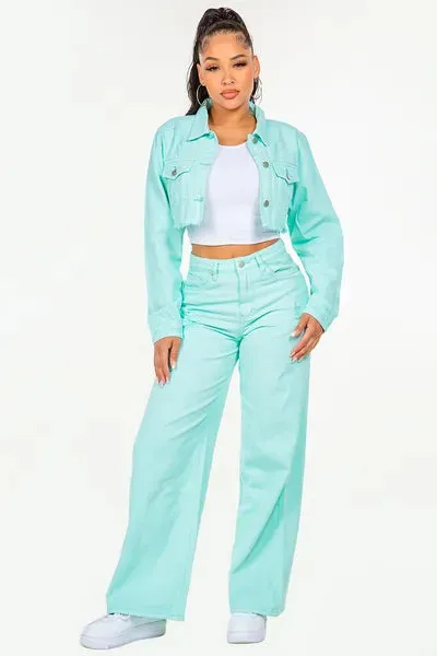 Mint Blue High Waist Distressed Wide Leg Jeans
