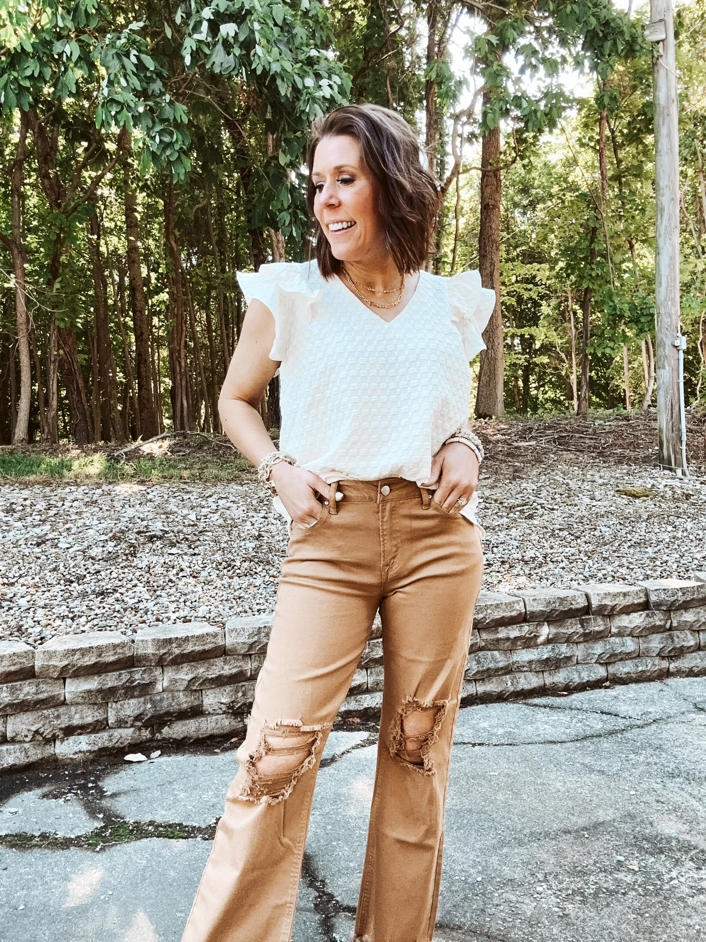 Mocha High Rise Straight Knee Distressed Denim