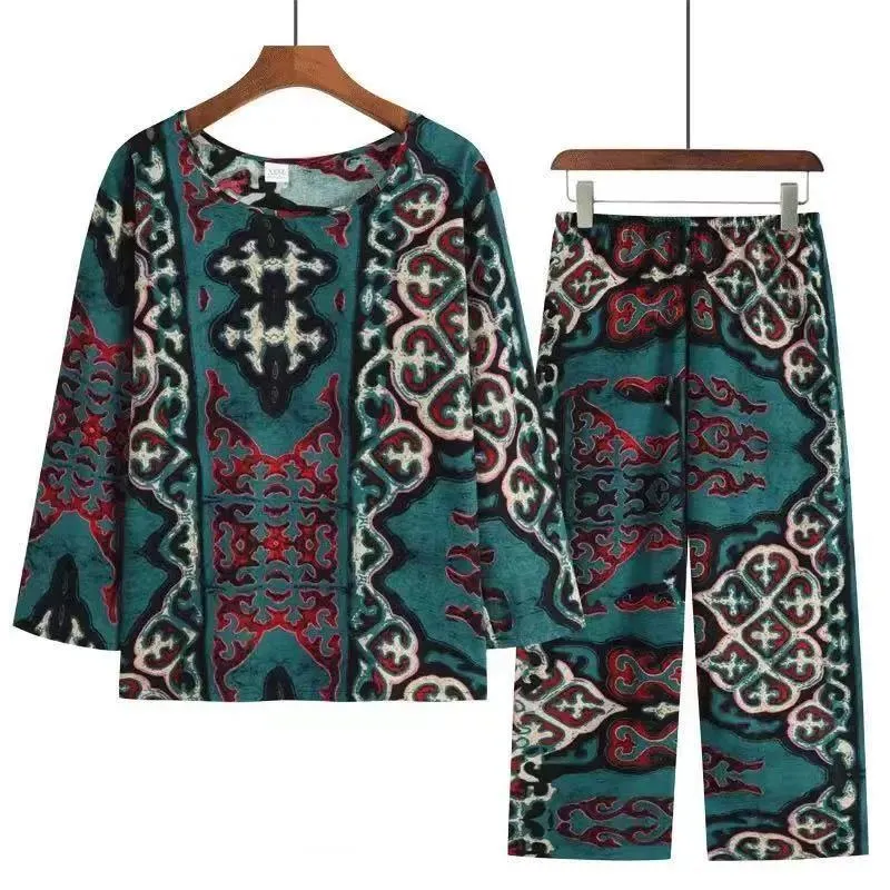 Mom Long-sleeved Retro Home Wear Set Women's Ethnic Floral Printing Pajamas Casual Middle-aged Elderly Large Size Loose Pajamas Two-piece Set
