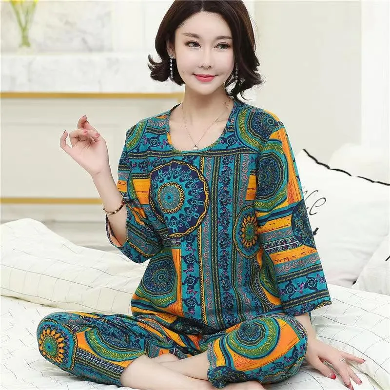 Mom Long-sleeved Retro Home Wear Set Women's Ethnic Floral Printing Pajamas Casual Middle-aged Elderly Large Size Loose Pajamas Two-piece Set