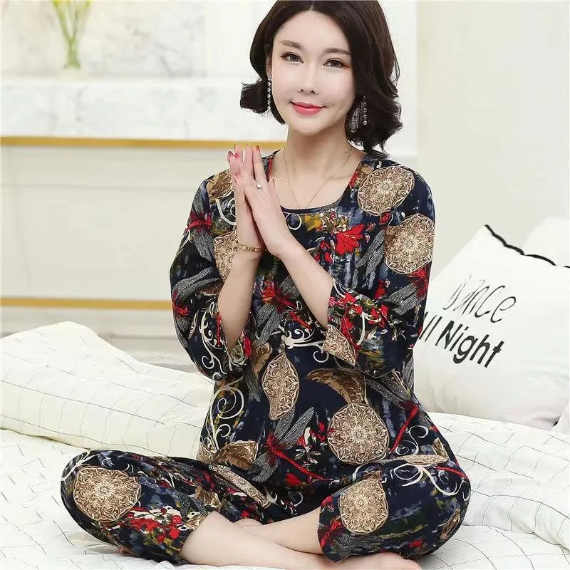 Mom Long-sleeved Retro Home Wear Set Women's Ethnic Floral Printing Pajamas Casual Middle-aged Elderly Large Size Loose Pajamas Two-piece Set