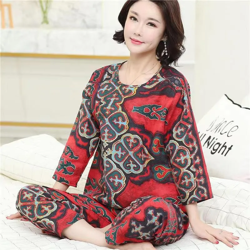 Mom Long-sleeved Retro Home Wear Set Women's Ethnic Floral Printing Pajamas Casual Middle-aged Elderly Large Size Loose Pajamas Two-piece Set