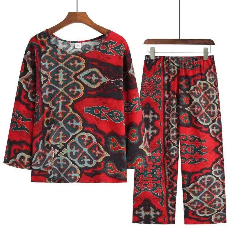 Mom Long-sleeved Retro Home Wear Set Women's Ethnic Floral Printing Pajamas Casual Middle-aged Elderly Large Size Loose Pajamas Two-piece Set