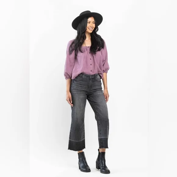 NWT Judy Blue Charcoal Grey High Rise Release Hem Wide Crop Jeans