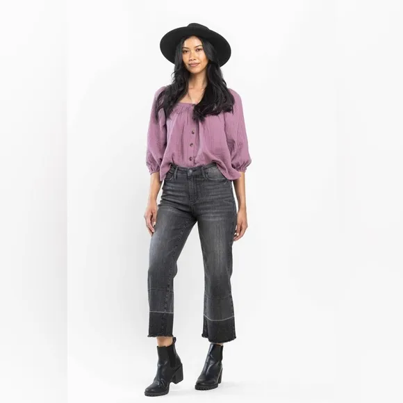 NWT Judy Blue Charcoal Grey High Rise Release Hem Wide Crop Jeans