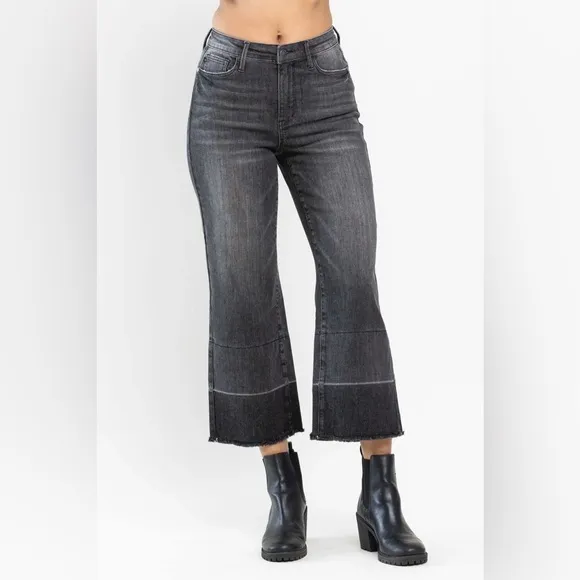 NWT Judy Blue Charcoal Grey High Rise Release Hem Wide Crop Jeans