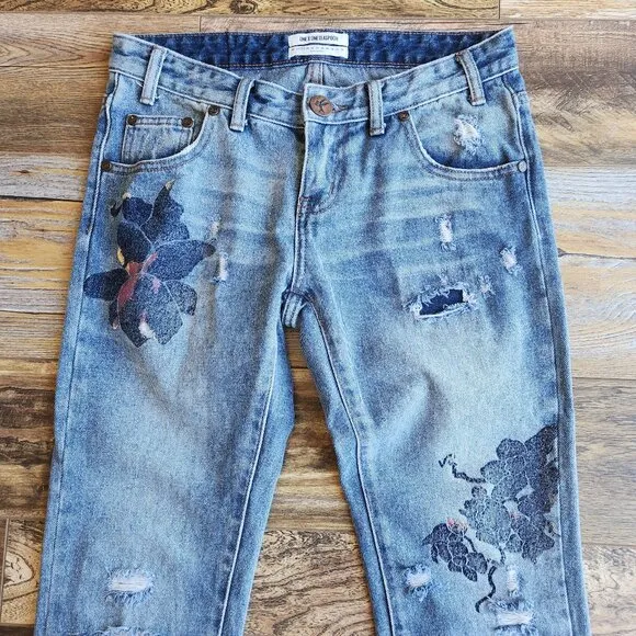 One x One Teaspoon Freebird Distressed Painted Rigid Skinny Jeans Ankle-Zip