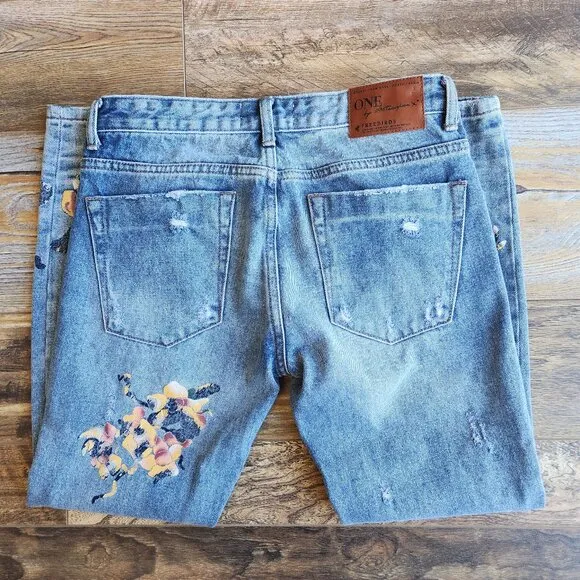 One x One Teaspoon Freebird Distressed Painted Rigid Skinny Jeans Ankle-Zip