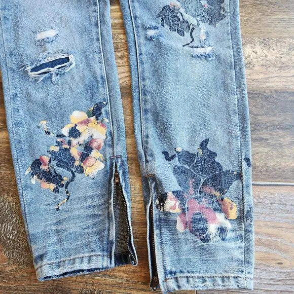 One x One Teaspoon Freebird Distressed Painted Rigid Skinny Jeans Ankle-Zip