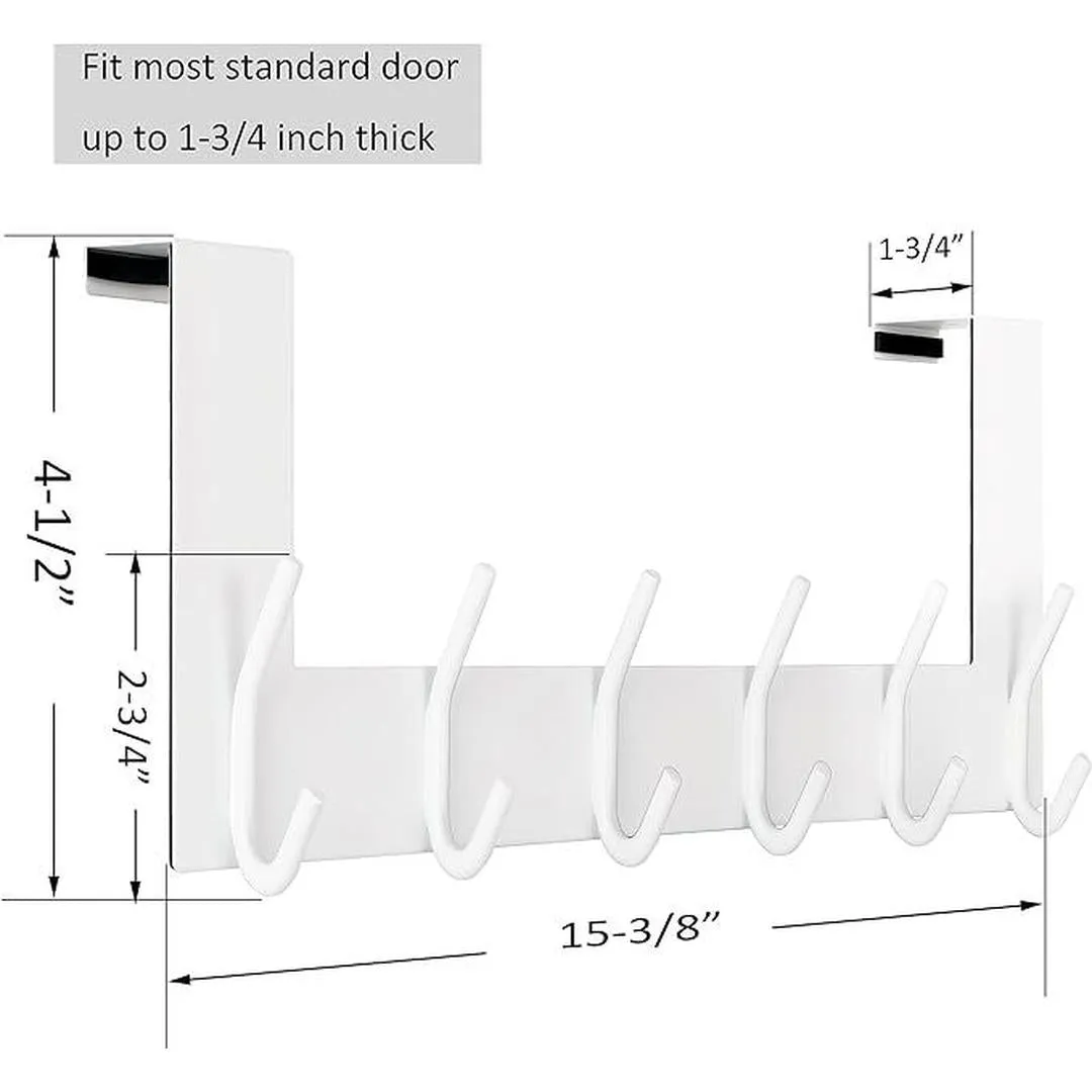 Over The Door White Coat Rack - 6 Hooks for Hanging Clothes, Hats, Towels