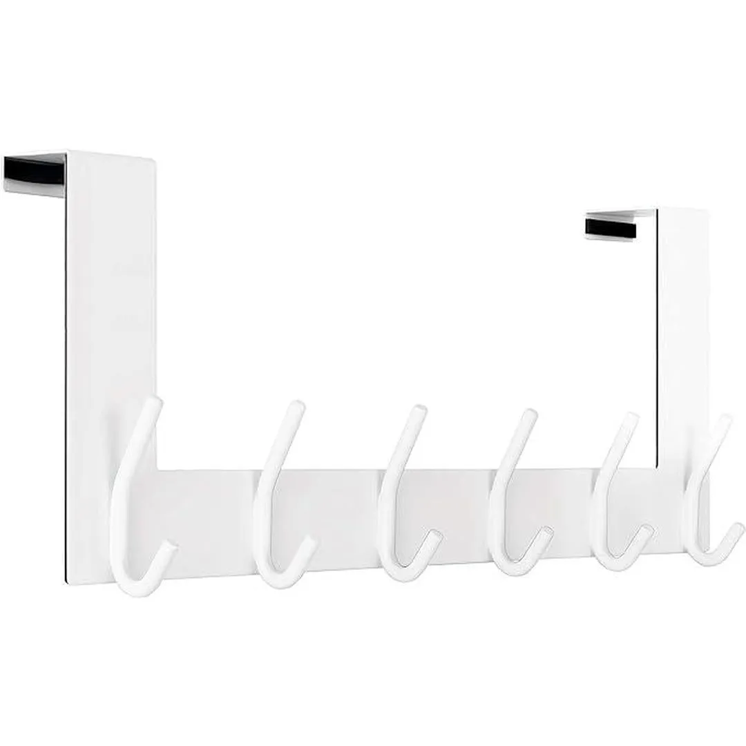 Over The Door White Coat Rack - 6 Hooks for Hanging Clothes, Hats, Towels