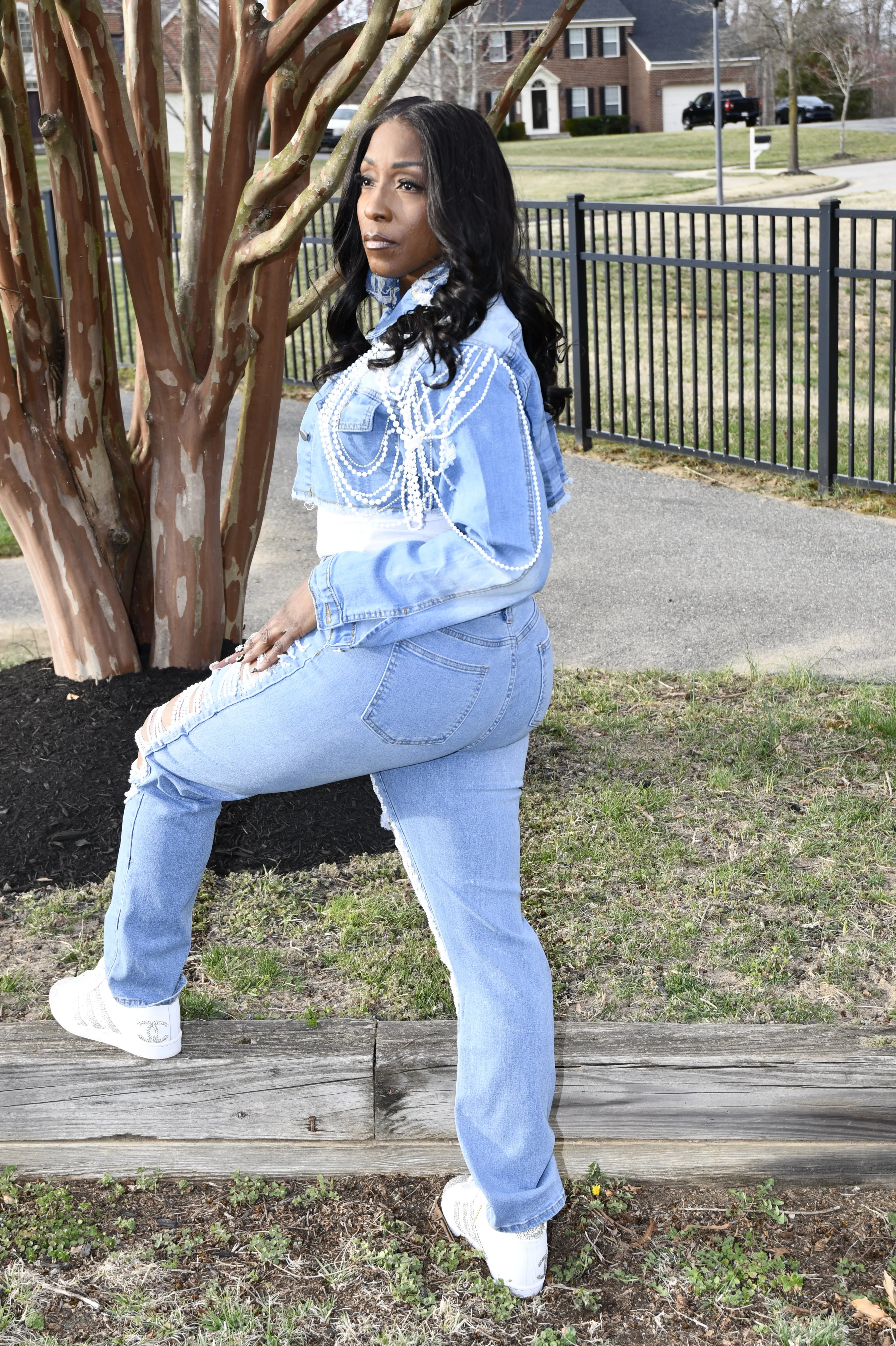 Pearl Chain Distressed Denim Jean