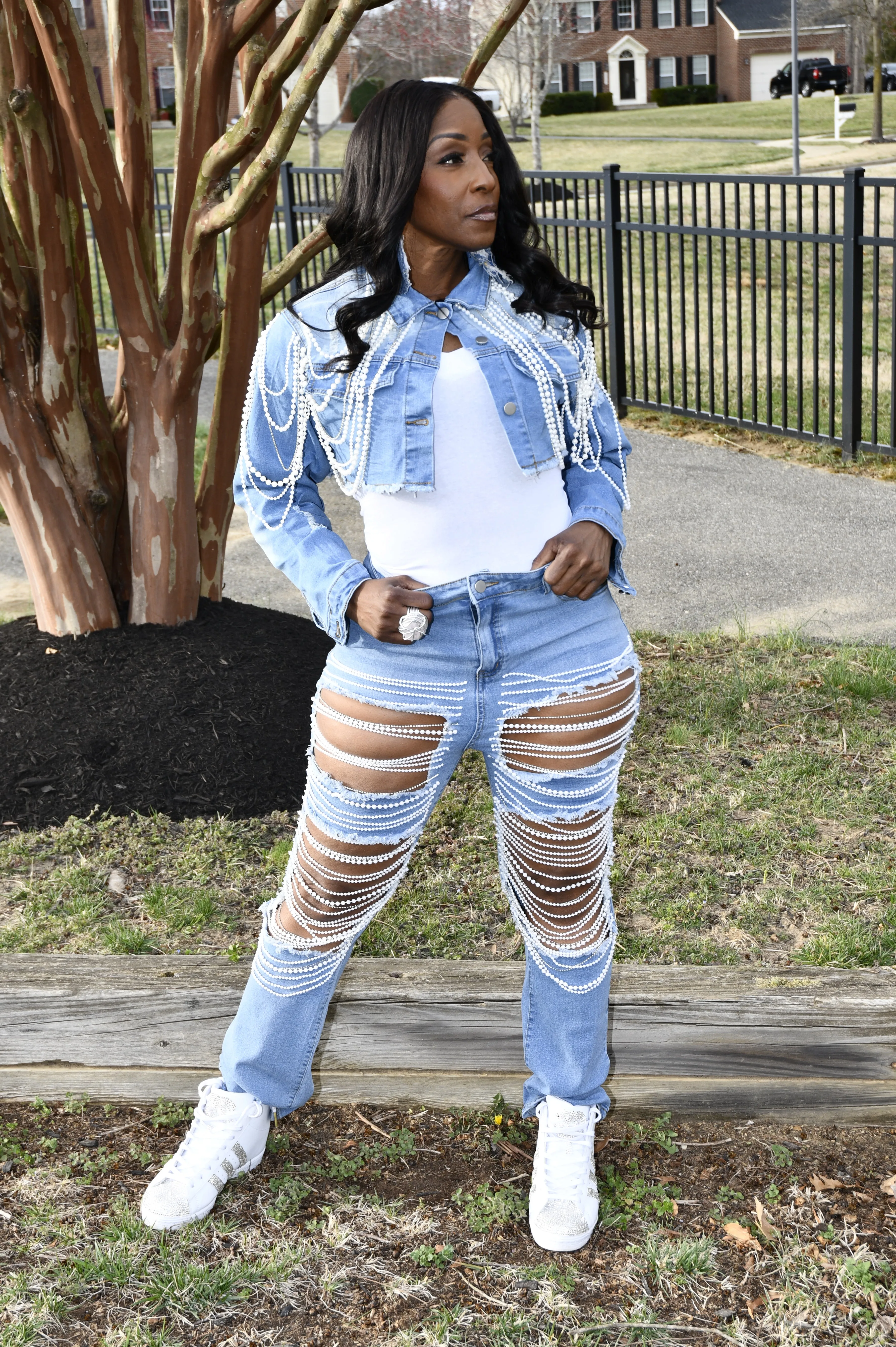 Pearl Chain Distressed Denim Jean