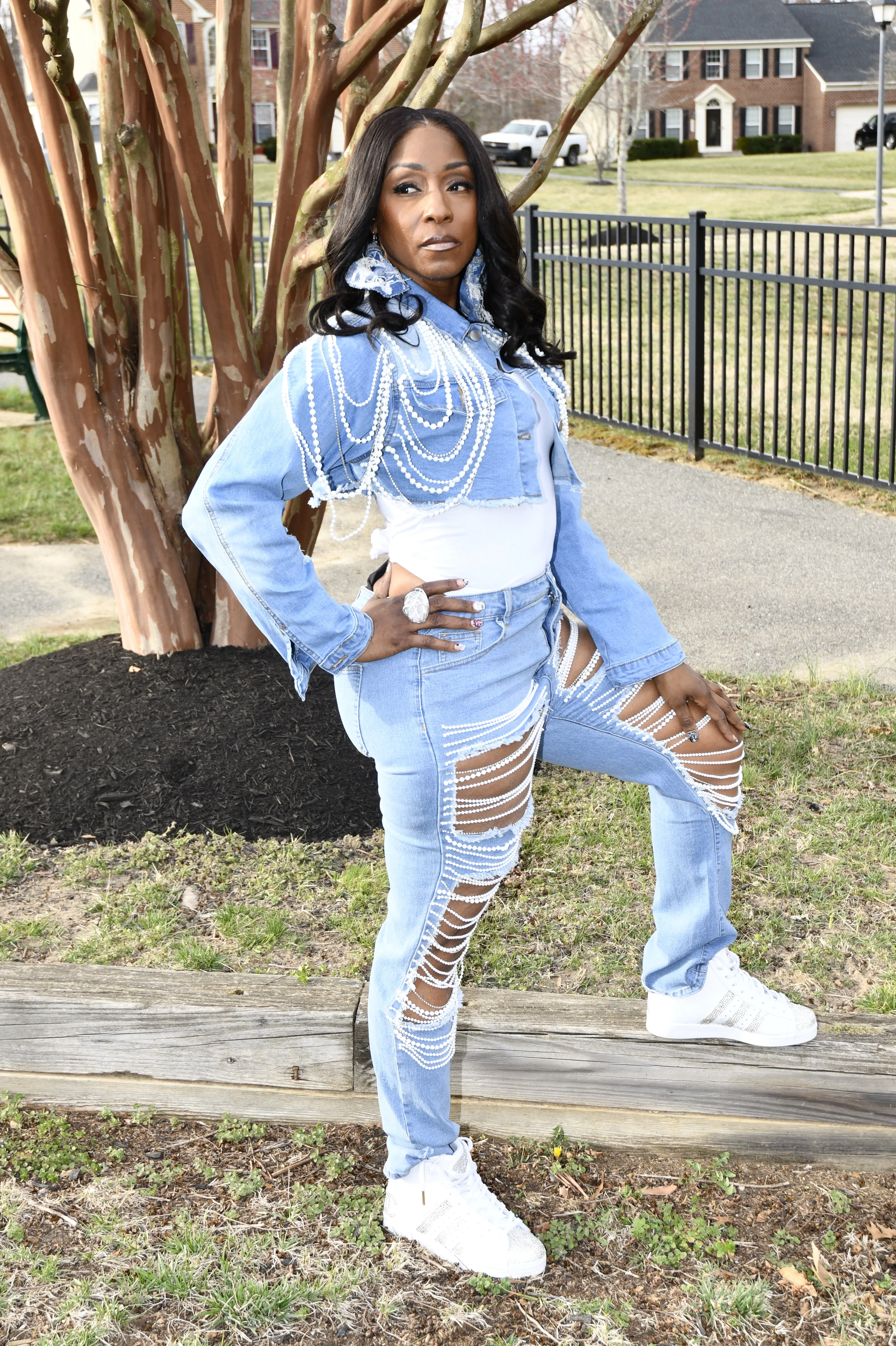 Pearl Chain Distressed Denim Jean