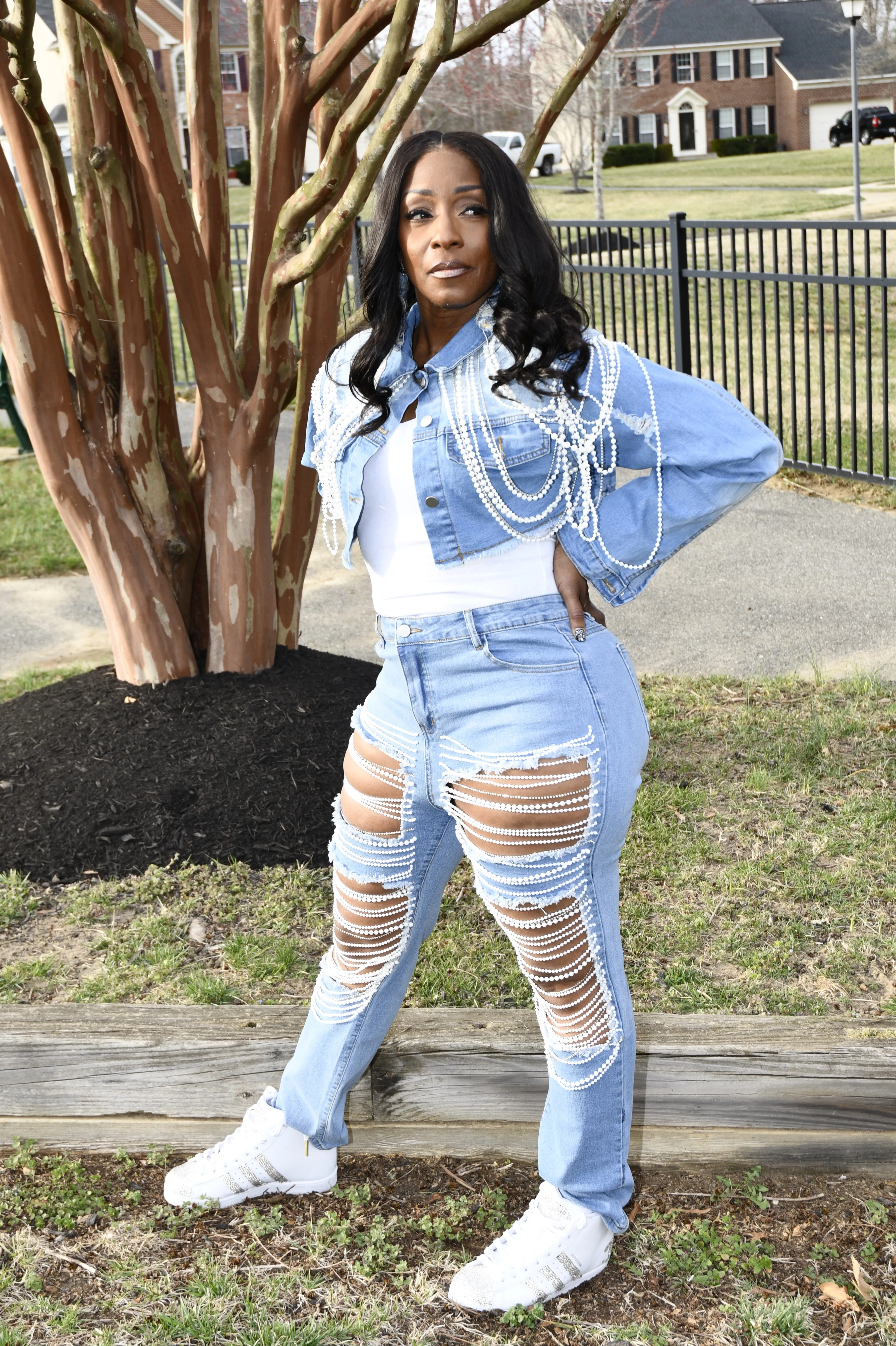 Pearl Chain Distressed Denim Jean