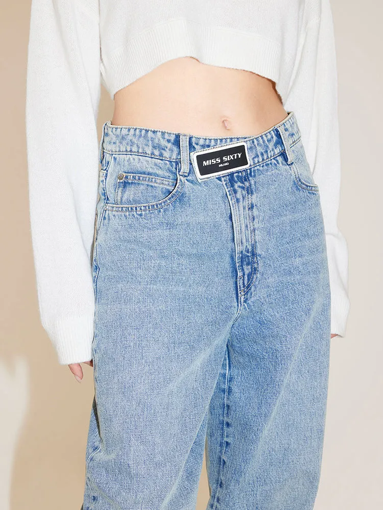 Relaxed And Straight Fit Jeans With Asymmetrical Waist