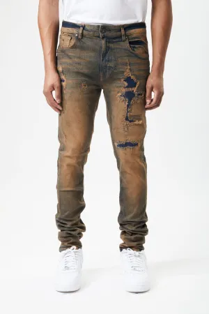 Ripped and Repaired Denim Jeans in Timber