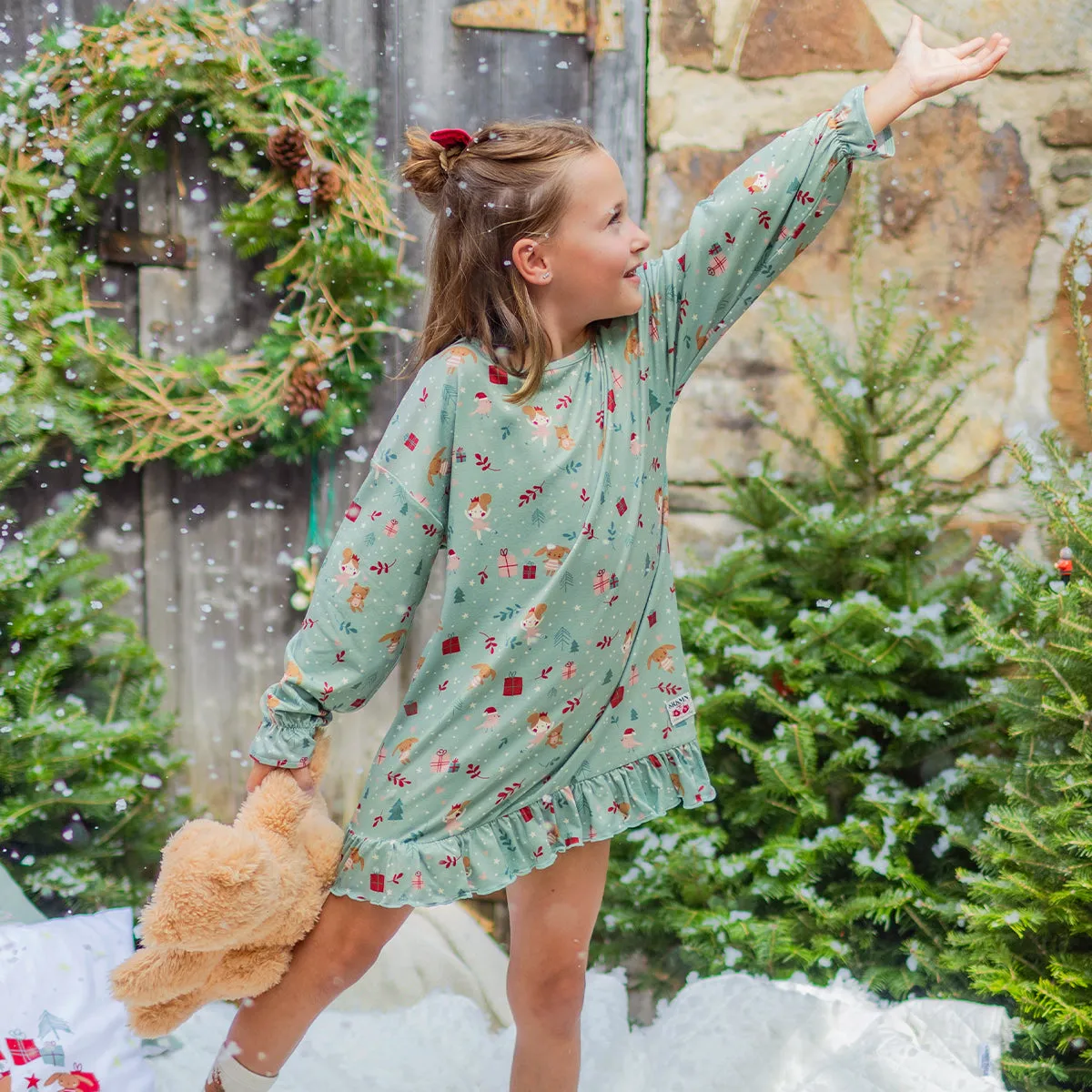 Robe de nuit des fêtes verte en polyester brossé à motifs de ballerines, enfant