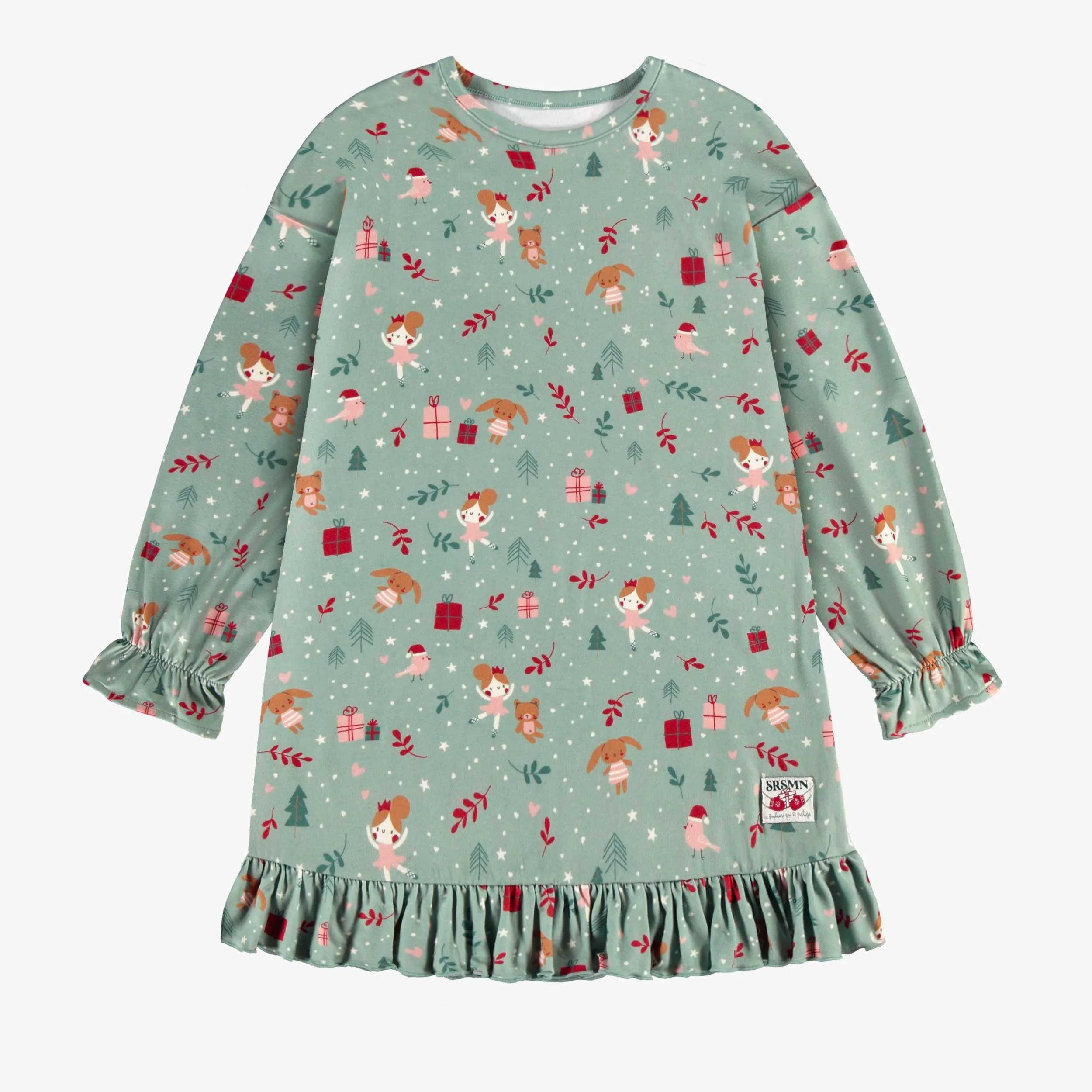 Robe de nuit des fêtes verte en polyester brossé à motifs de ballerines, enfant