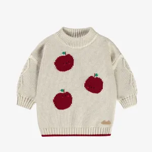 Robe en tricot crème à manches longues, col montant et motif de pommes, naissance || Cream knit dress with long sleeves, high collar and apple pattern, newborn