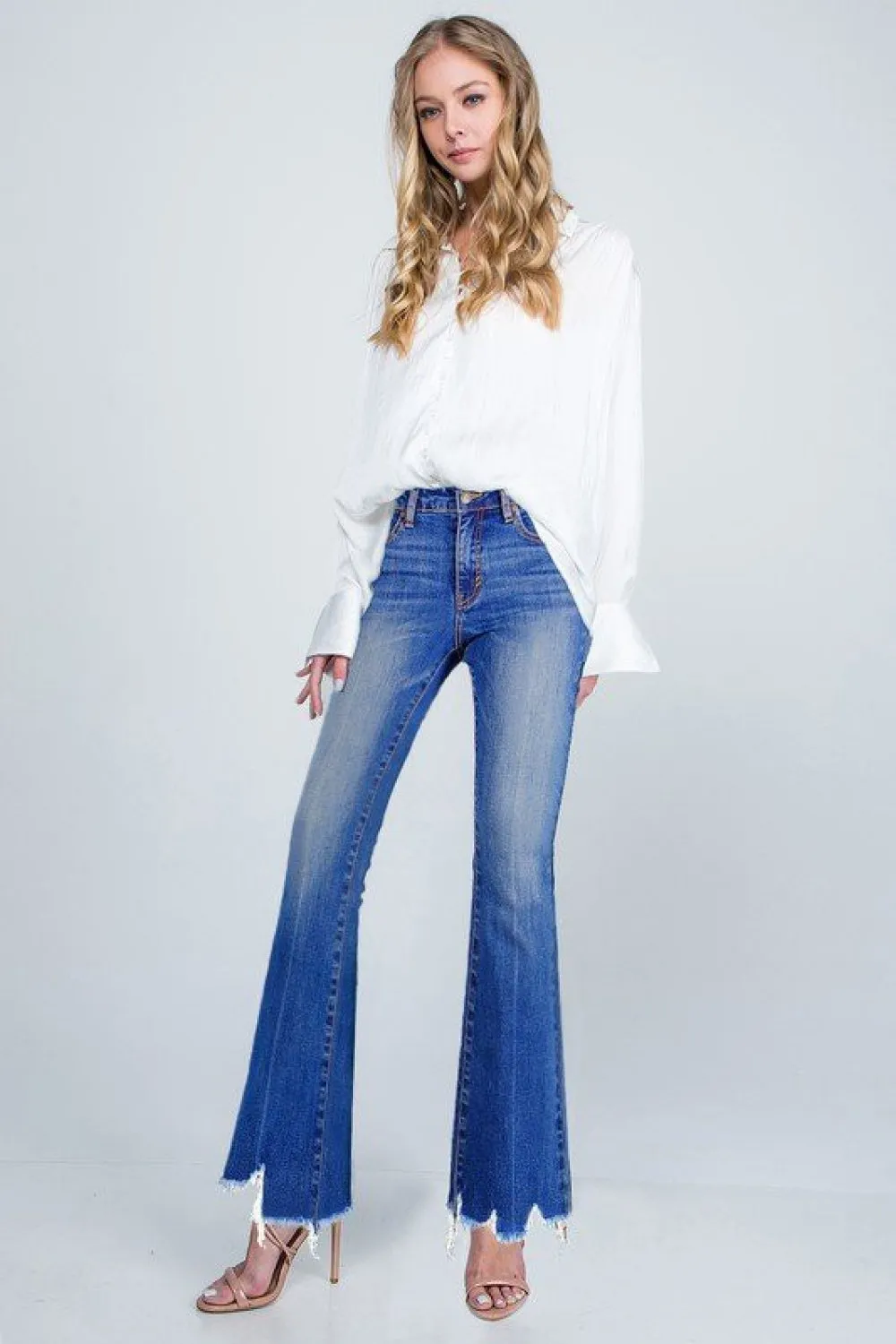 Scallop Distressed Hem Boot Cut Jeans