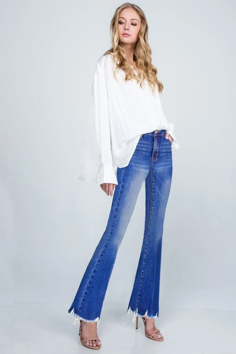 Scallop Distressed Hem Boot Cut Jeans