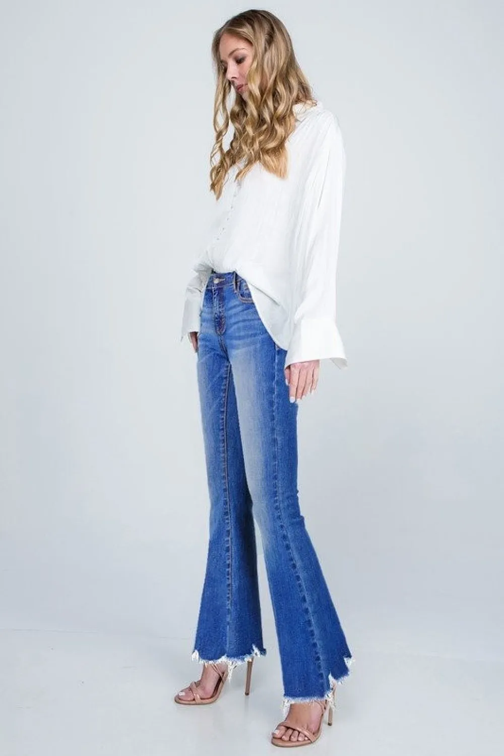 Scallop Distressed Hem Boot Cut Jeans